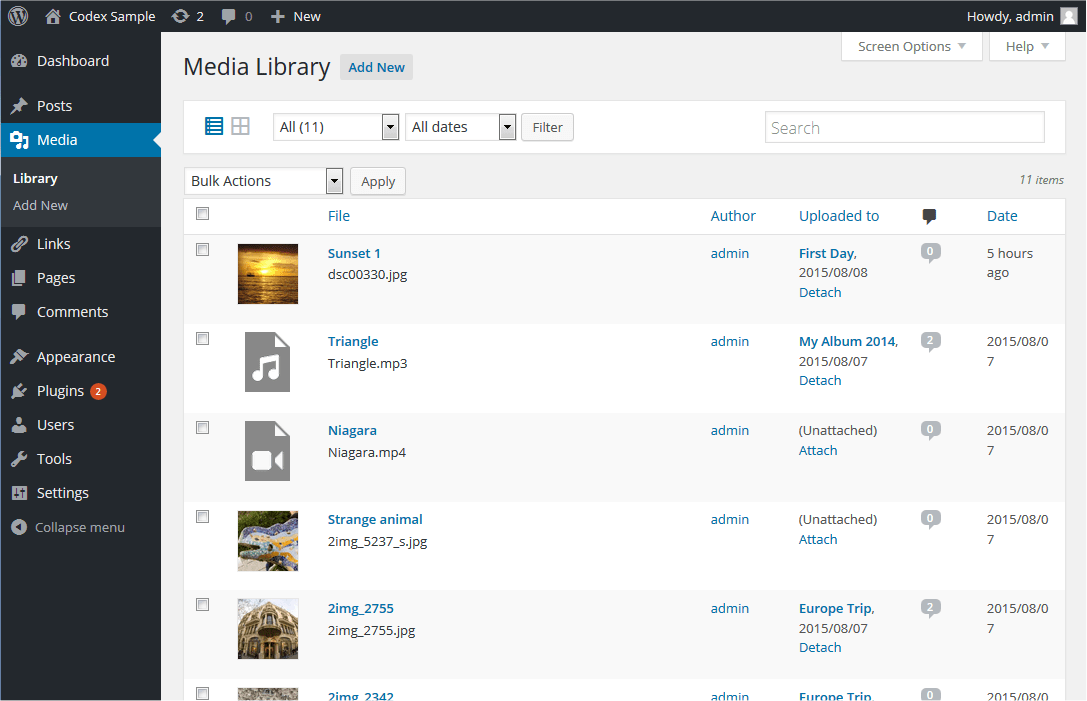 Picture of the WordPress media library